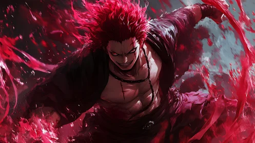 Fierce red‑haired warrior erupts through swirling crimson energy.