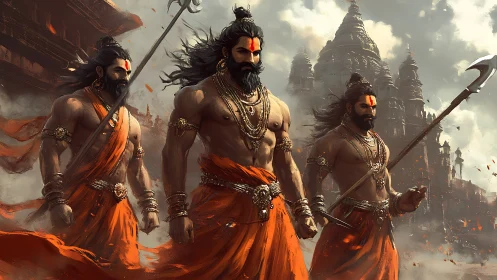 Warrior monks stride through embers before temple spires.