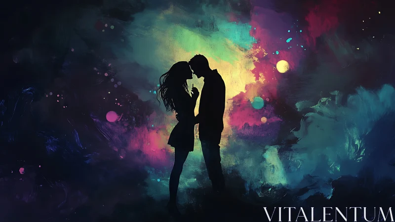 Silhouetted Couple Against Chromatic Particle Nebula with Luminous Atmospheric Rendering