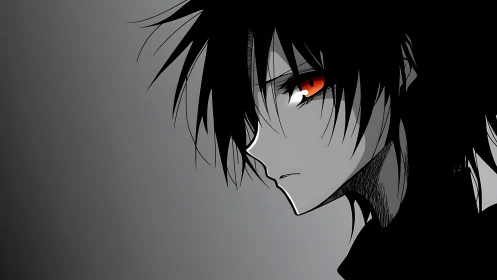 Side profile of monochrome anime character with red eyes