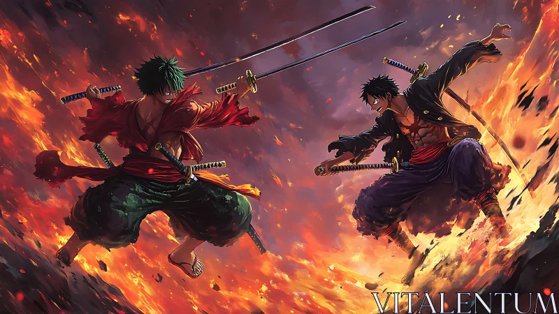 Sword duel ignites blazing battlefield with mirrored warriors.