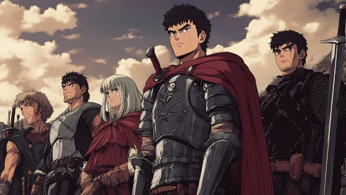 Armored medieval warriors assemble in dynamic frontal lineup