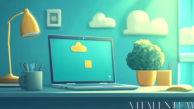 Laptop on desk in teal workspace with cloud icon screen.