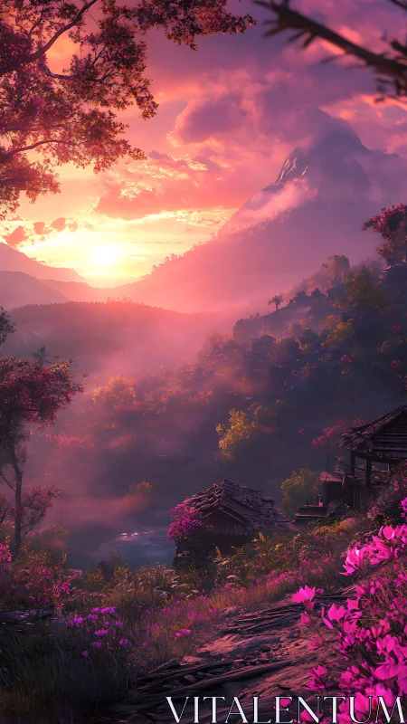 Digital painting of luminous valley sunrise with floral foreground.