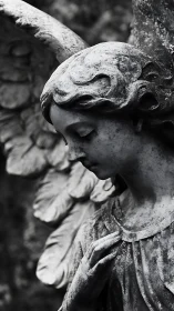 Weathered stone angel statue in quiet grayscale closeup.