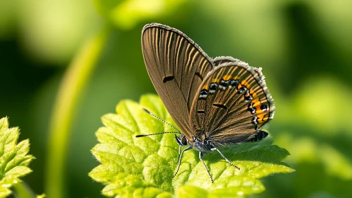 Sunlit brown butterfly rests gently on a fresh green leaf