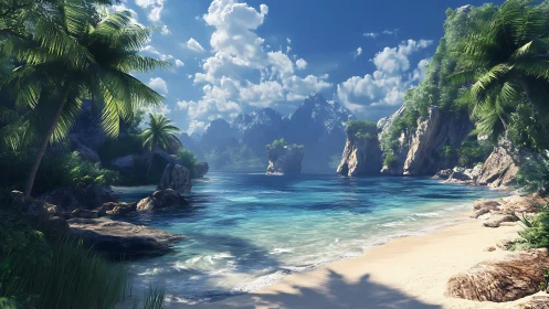 Tropical Lagoon with Limestone Cliffs and Palm-Lined Beach Formations