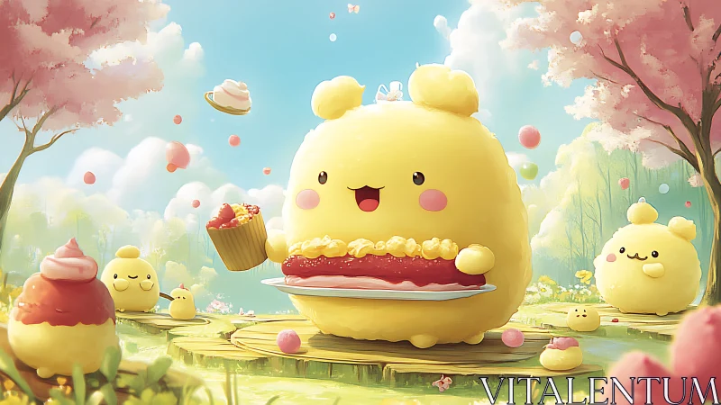 Anthropomorphic Yellow Macropod Character With Pastry. Garden Scene.