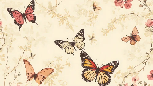 Butterflies glide across soft floral vintage background.