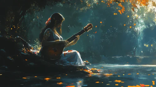 Forest musician plays guitar beside luminous river pool.
