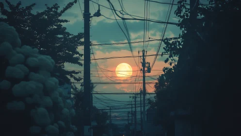 Telephoto dusk moon framed by dense overhead utility cables