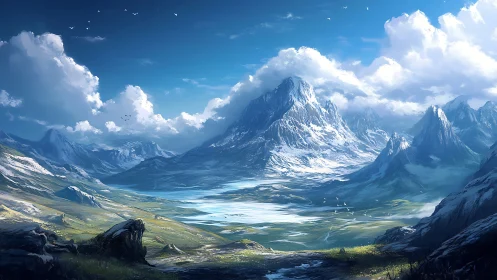 Sunlit mountain valley where bright skies meet quiet snow.