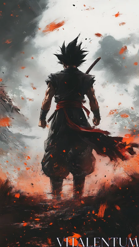 Warrior silhouette strides through ember-laced stormscape.