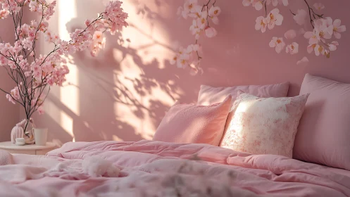 Soft pink bedroom glows with cherry blossom morning light