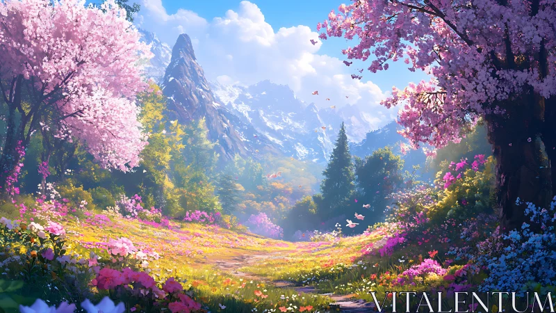 Spring alpine valley with cherry blossoms and distant snow peaks