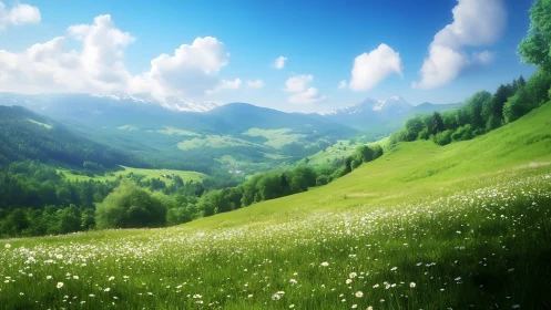 Sunlit wildflower valley spilling toward distant blue peaks.