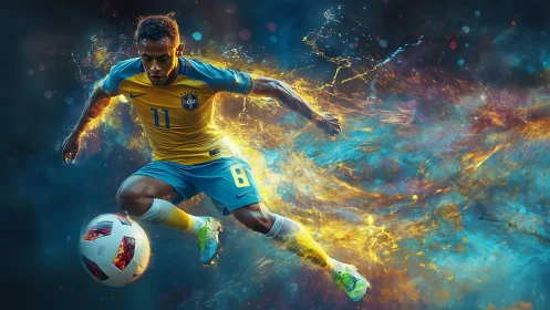 Dynamic soccer player in mid-strike with explosive energy trails