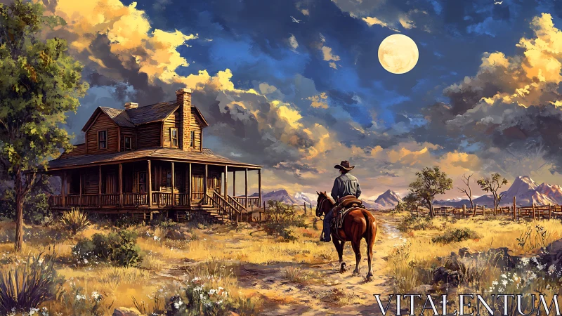 Moonlit cowboy returns to a quiet wooden homestead