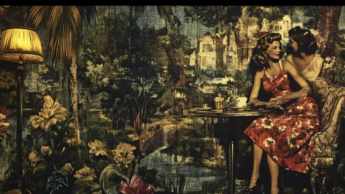 Vintage cafe conversation in tropical patterned interior.