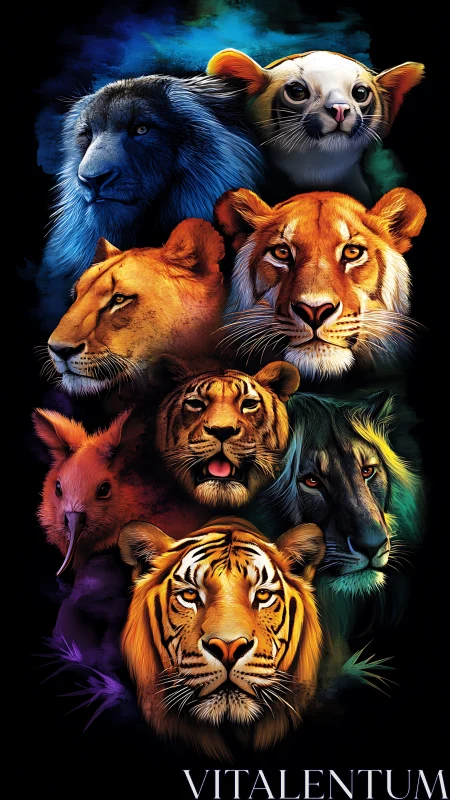Multi-species Carnivore Portrait Composite with Blue Lion, White Caracal, Tigers