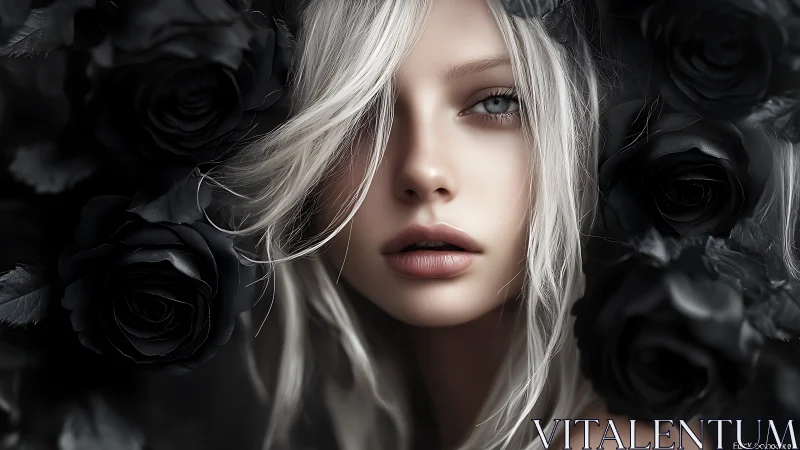 Silver-haired muse crowned in midnight roses and hush.