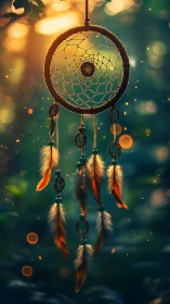 Dreamcatcher in golden forest bokeh at sunset glow.