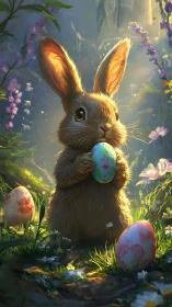 Digital rabbit holds painted egg in backlit forest clearing