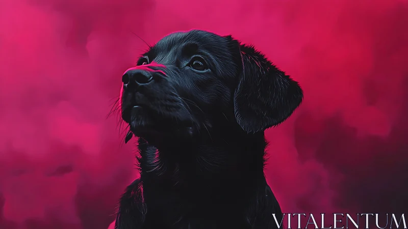 Luminous black dog portrait against saturated magenta haze.