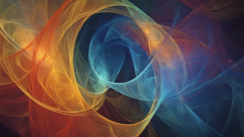 Swirling blue and amber fractal ribbons flow in harmony.