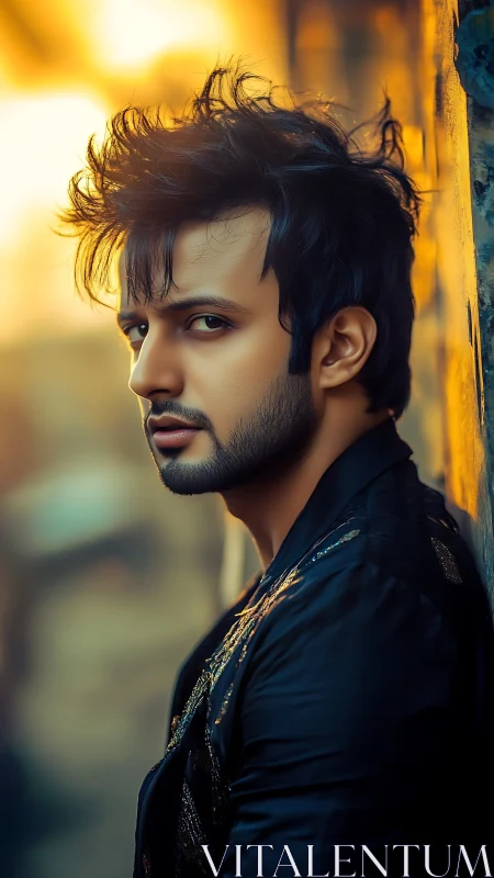 Man with styled hair in warm sunset portrait pose.