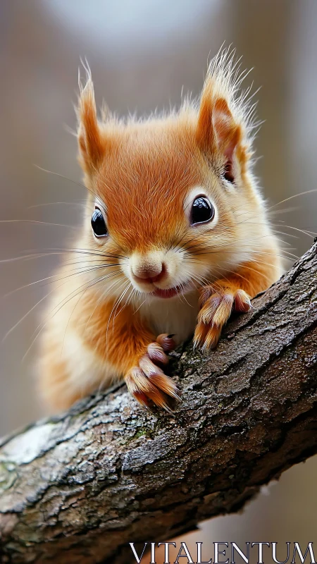 Bright-eyed baby squirrel perched on bark in forest hush.