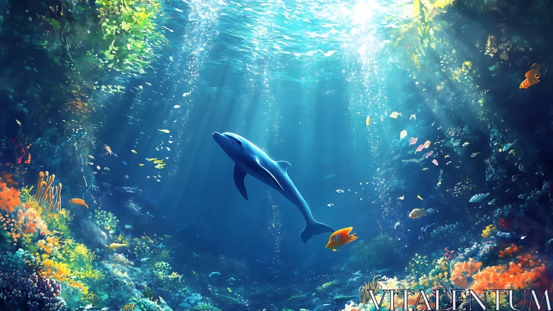 Graceful dolphin glides through sunlit coral kingdom below.