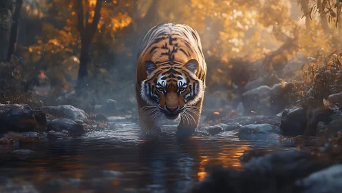 Digital tiger stalks misty forest stream at golden dusk.