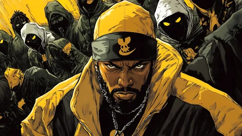 Defiant hooded leader stands strong before masked crew.