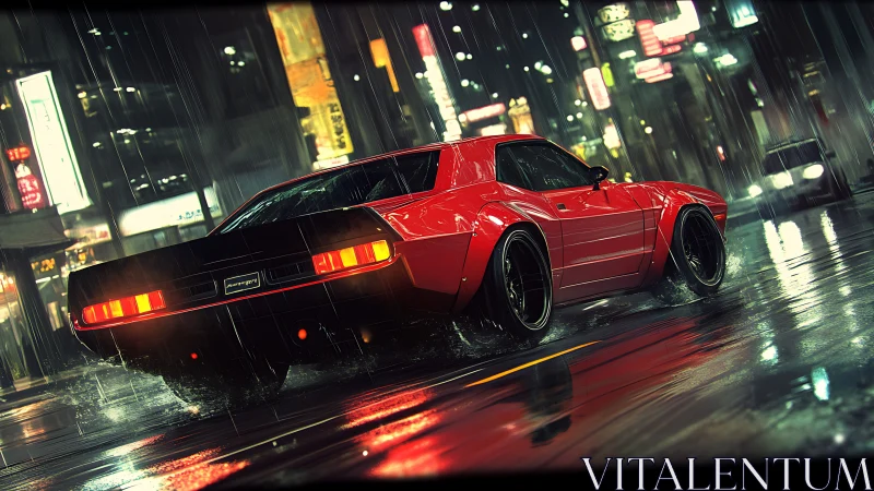 Red muscle car roars through neon rain on city streets.