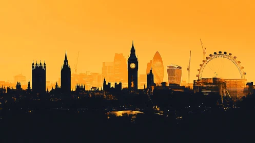London urban skyline silhouette under uniform orange sky.