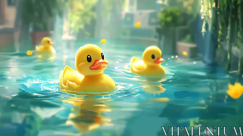 Rubber ducks occupy shallow pool under diffused daylight