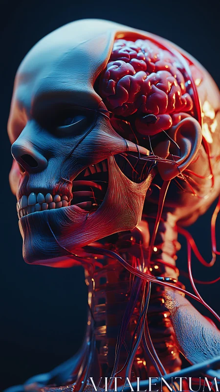 Human cranial anatomy cutaway with exposed brain and vessels.