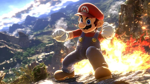 Heroic mustached fighter charging through mountain flames.