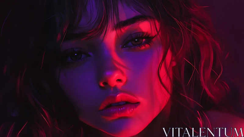 Neon-lit digital portrait with cinematic chiaroscuro lighting.