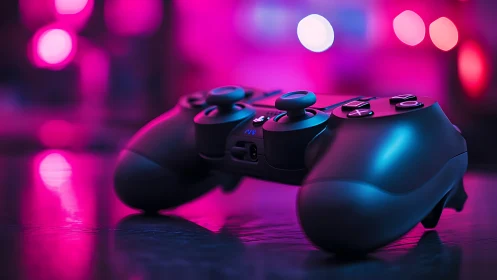 Gaming Controllers in Neon Cyberpunk Setting.