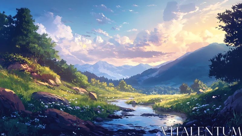 Golden hour stream flows through serene mountain valley