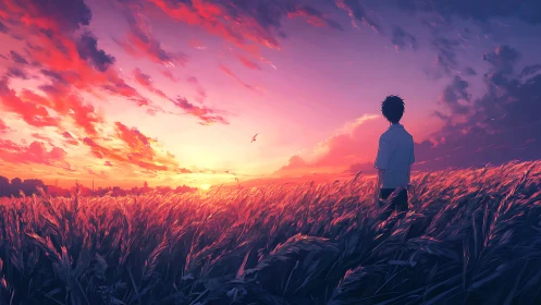 Sunset wanderer adrift in a neon-gold sea of wheatfields.