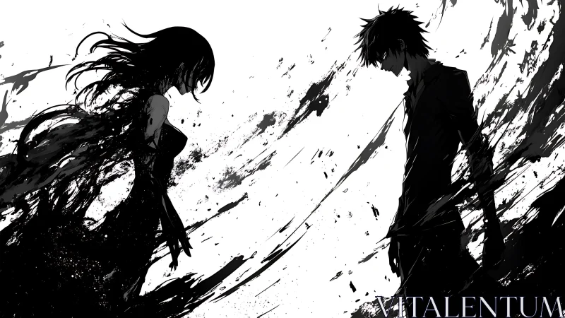 Silhouetted lovers stand divided by violent ink storm.