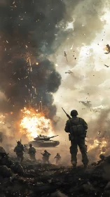 Soldiers advancing through firelit smoke and shattered sky.