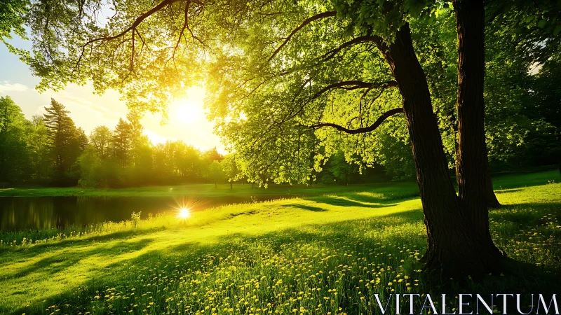 Sunlit meadow leans into the lake and whispers toward evening