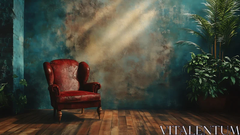Velvet armchair basks in painterly light beside lush palms.