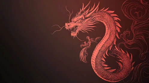 Fiery red dragon curls proudly against a glowing dusk sky