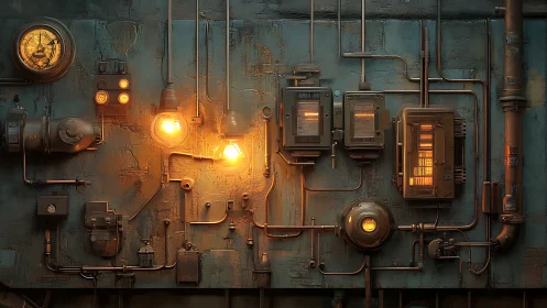 Industrial control wall glows with warm analog gauges