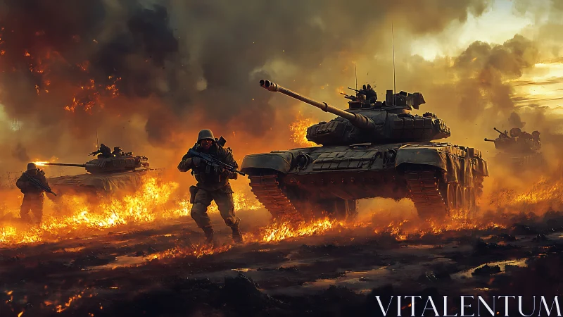 Armored thunder rolls through a wildfire-soaked battlefield.